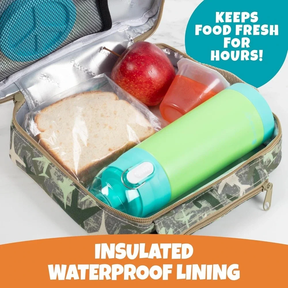 Kids Insulated Lunch Box w Snack Pocket & Water Bottle Holder - Jets